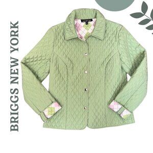 Briggs New York Women's Green Quilted Spring Jacket Contrast Plaid Lining Size 8